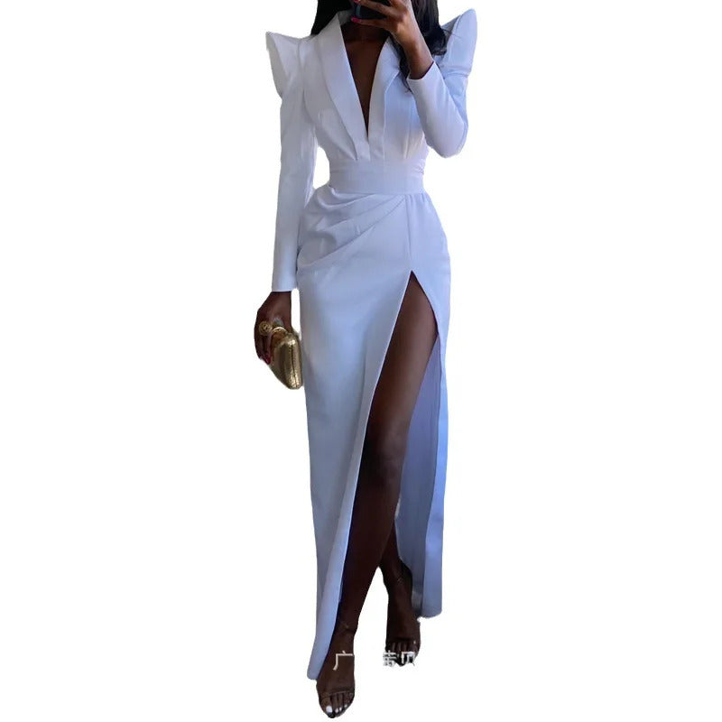 New Fashion Women's White Wide Shoulder Deep V Neck High Waist High Slit Fashion Long Dress Sexy Slim Dress