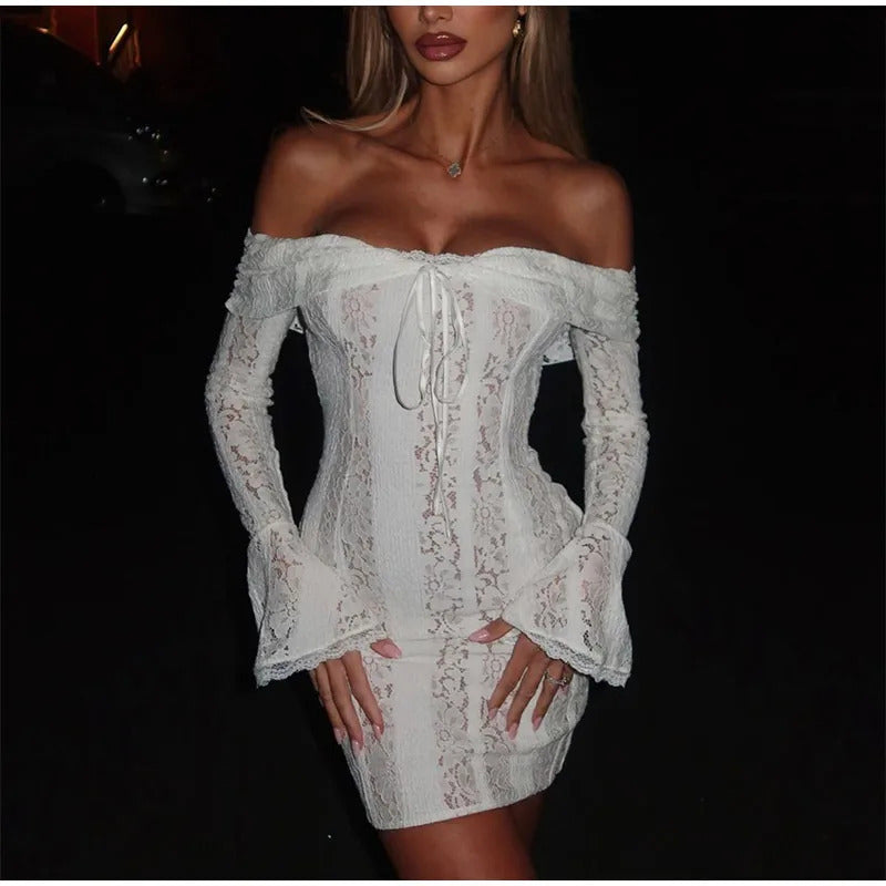 White Floral Lace Off-shoulder Maxi Dress For Women Elegant Strapless Backless Long Sleeve Bodycon Robes 2024 Lady Party Dresses