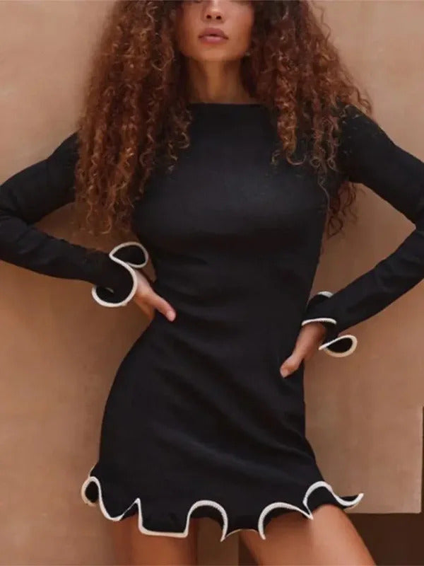 Elegant Round Neck Pleat Long Sleeve Women's Dress Casual Slim Black White Short Dresses 2024 New Female Chic Party Street Robes