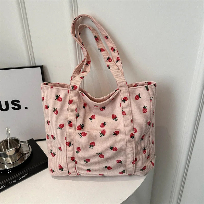 Corduroy Handbag Strawberries Beach Bag Fashionable Versatile Shoulder Bag LargeCapacity Simple Commuter Women's Tote Bag Bolsos