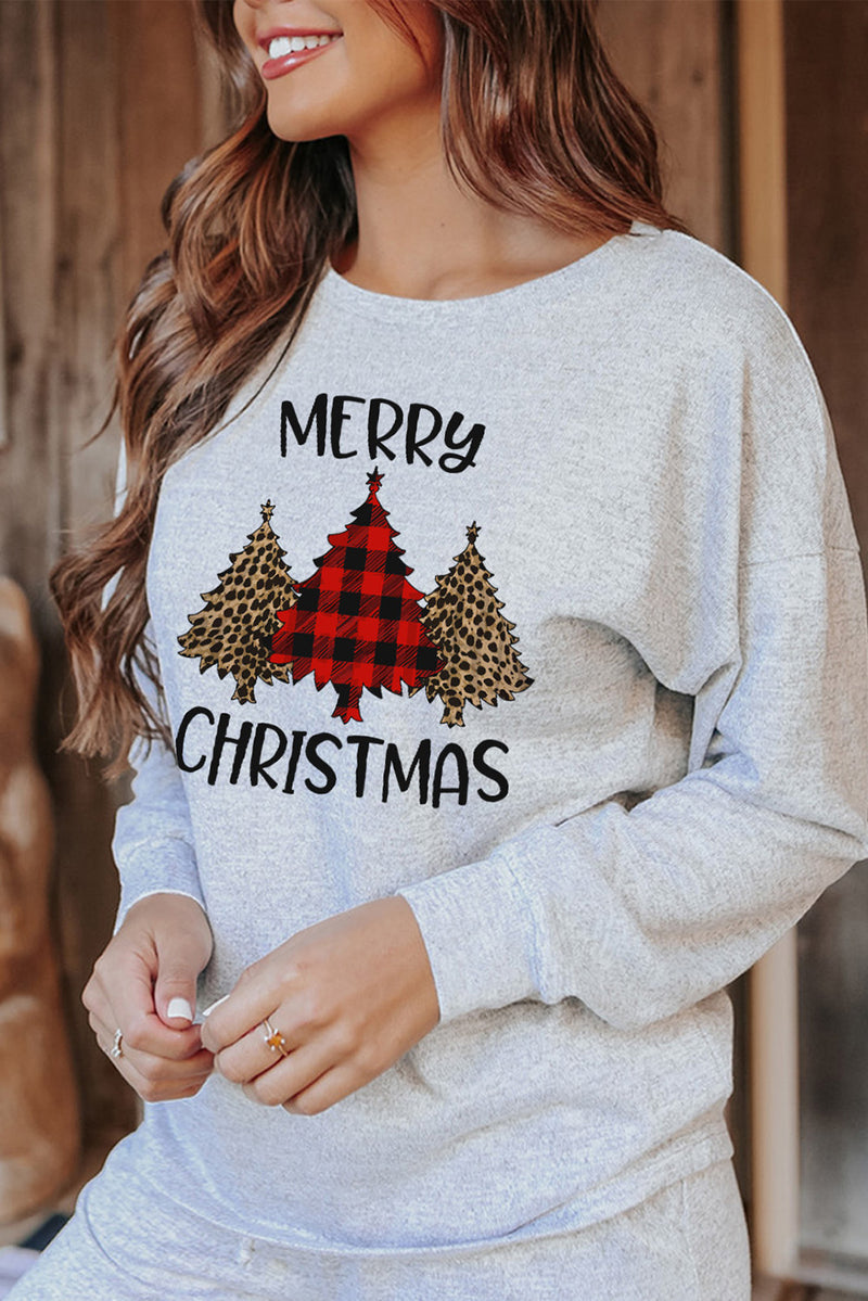 Gray Merry Christmas Trees Print Two Piece Loungewear