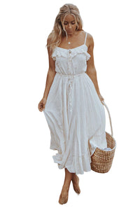 Women's Swiss Dot Ruffled Maxi Dress - Flowy and Elegant with Adjustable Spaghetti Straps and Delicate Ruffle Trim