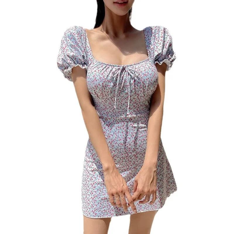 Korean Style One Piece Floral Print Swimsuit Women Short Sleeve Swimwear Padded Swimming Dress Bathing Suit Monokini Beachwear