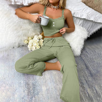 Women's Sexy Pajamas Set 2024 Summer Ribbed Sleeveless Top Long Pants Sleepwear 2 Piece Set For Women Home Casual Suspender Suit