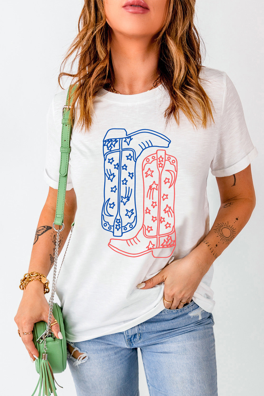 White Western Star Boots Print Round Neck Graphic T Shirt