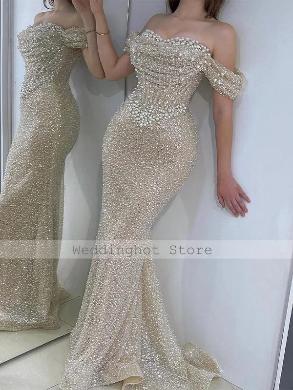 Luxury Evening Dress Off the Shoulder Sweetheart Pearls Mermaid Evening Gowns Long Champagne Ivory Formal Party Dress for Woman