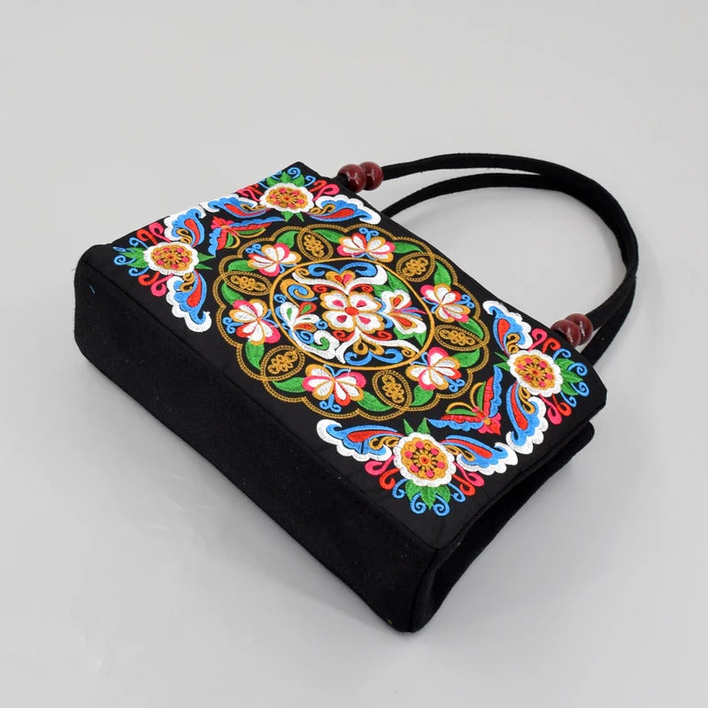 Embroidered Canvas Women's Top Handle Bag: Double Layered with Zippered Compartments, Perfect for Work and Play