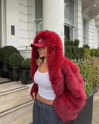 Women Fashion Turn-down Collar Winter Warm Jacket 2025 Christmas Red Hooded Fluffy Faux Fur Coats Casual High Street Outerwear