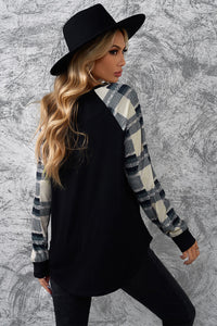 Blank Apparel - Monochrome Plaid Long Sleeves Black Pullover Top