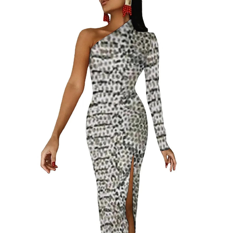 Snakeskin Bodycon Dress Summer Greys and Silvers Retro High Slit Long Dresses Long Sleeve Graphic Aesthetic Dress