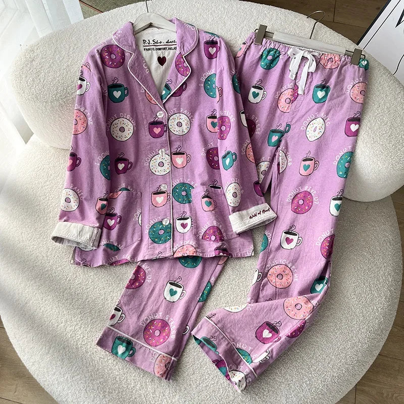 100% Cotton Pajamas for Women Loose Cartoon Long Sleeve Pants Loungewear Women 2 Piece Set Pj Women Outfit Sleepwear Set Pijamas