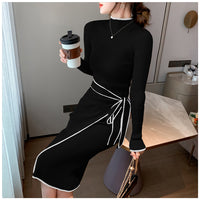 Women Knitted Dress New Autumn Winter Slim Lace-Up Long Sleeve Bottoming Sweater Skirt Elegant Fashion Office Female Vestidos