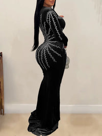 Elegant Diamonds Velvet Long Party Dress for Women Sexy Deep V Evening Gown Formal Black Slim Dress Robe