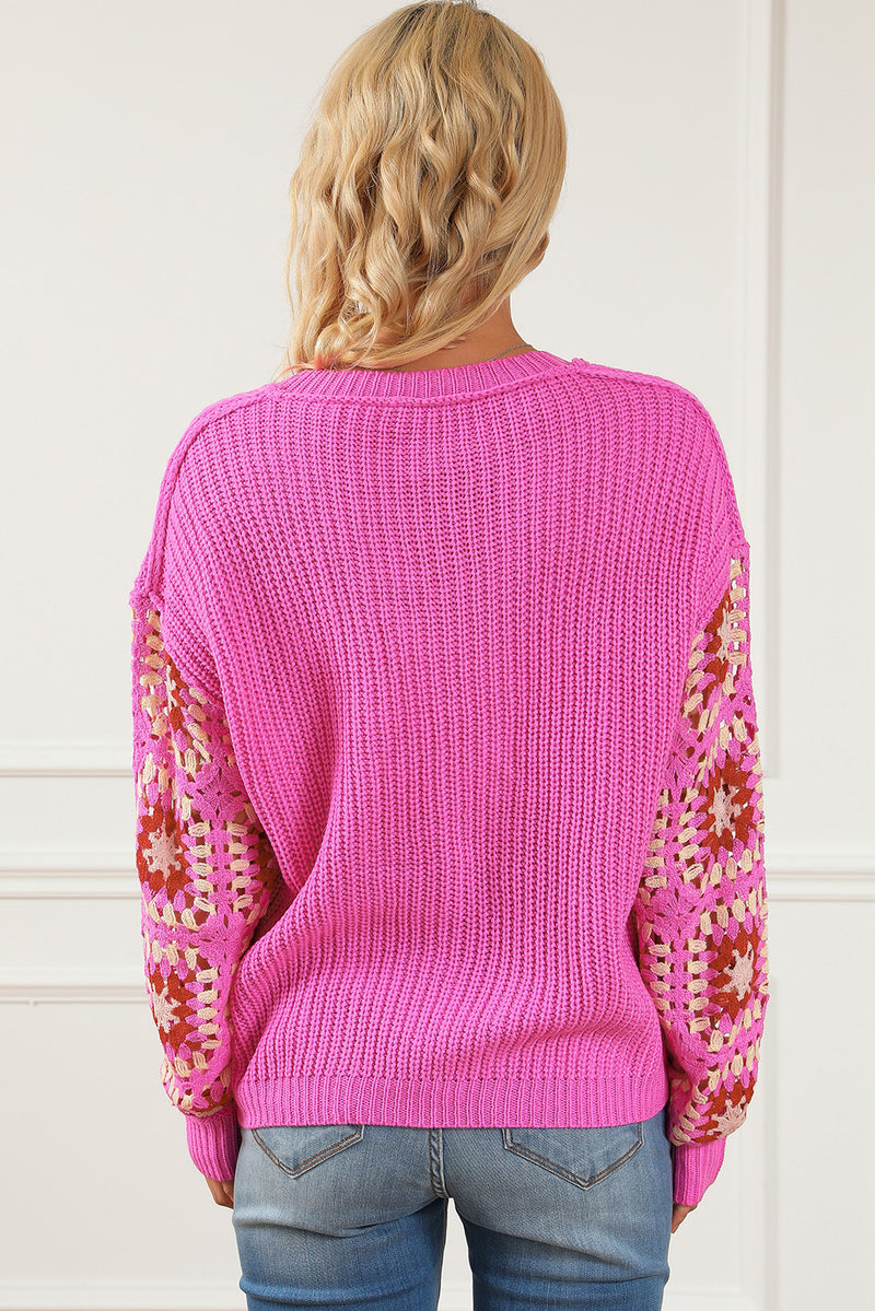 Rose Floral Crochet Cable Knit V Neck Sweater