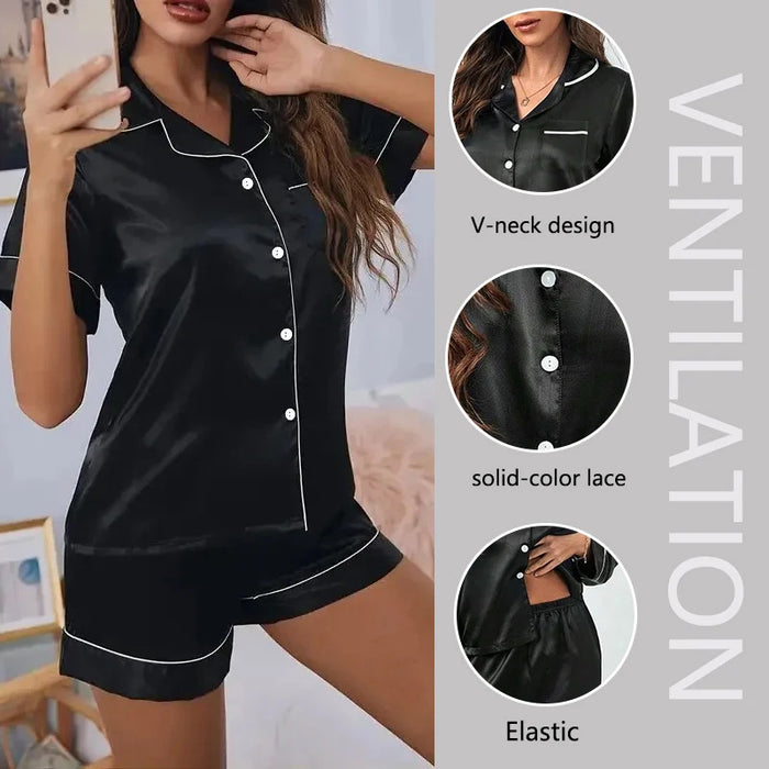 Plus Size Summer Silk Satin Women's Pajamas Set Button down Top & Shorts 2 Pieces Sleepwear V-Neck Nightwear Loungewear Ladies