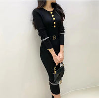 Autumn Winter Women Knitted Dress Brand Fashion O-neck Buttons Bodycon Sweater Dress with Belt Lady Office Dress