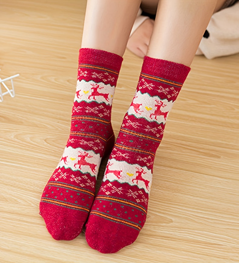 5 Pairs Elk Print Thickened Socks, Comfy & Warm Christmas Mid Tube Socks, Women's Stockings & Hosiery