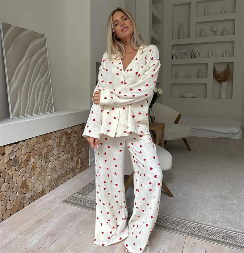 Summer New Love Heart Print Pyjama 100% Cotton Long Sleeve Set 2Pcs Outfit Lapel Sleepwear Button Down Women's Pajamas Nightwear