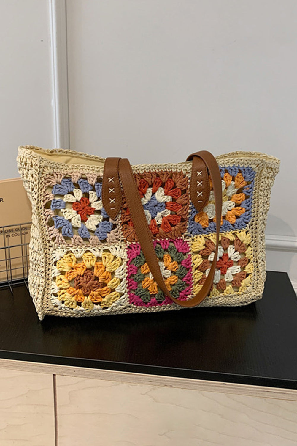 Beige Floral Crochet Large Square Tote Bag