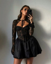 Mozision Black Lace Puffball Sexy Mini Dress For Women Fashion Lace-up Sheer Long Flare Sleeve High Waist Club Party Dress