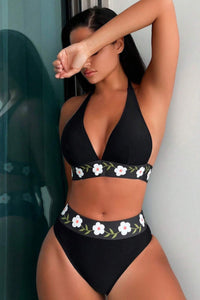 Black Floral Banded Halter High Waisted Swimsuit