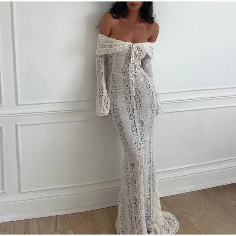 Elegant Off Shoulder Lace Maxi Dress Women Fashion Hollow Out Long Flare Sleeve Slim Dresses 2024 New Female Evening Party Gowns