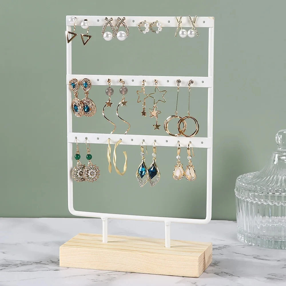 Earring Stand Wooden Base Jewelry Towel with Holes Hanging Jewelry Organizer Large Metal Holder for Earrings Ear Stud Necklace