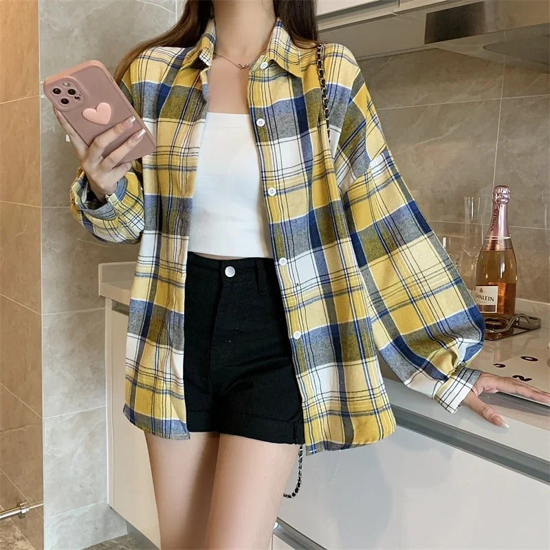 Plaid Shirt Women Autumn Long Sleeve Top Female Vintage Fashion Single Breasted Blouse Ladies Preppy Style Loose Check Shirts