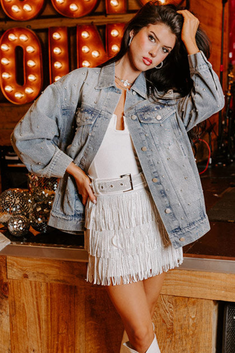 Dusk Blue Rhinestone Embellished Flap Pocket Denim Jacket