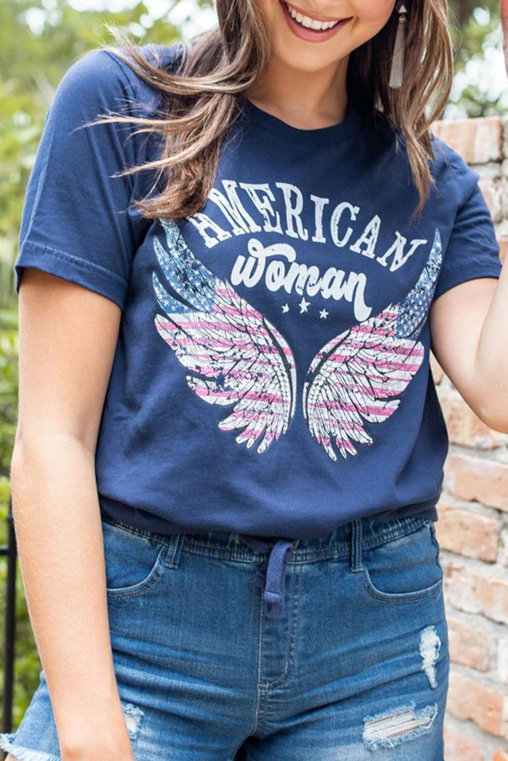 Blue American Woman Flag Eagle Wing Graphic Tee