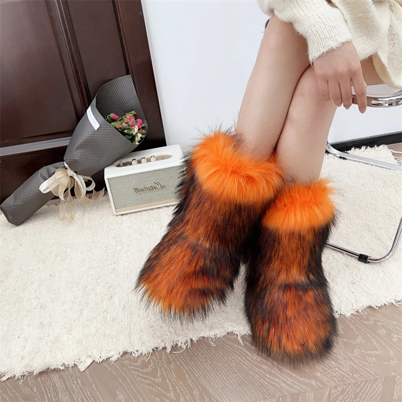 New Winter Fur Onepiece Raccoon Fur Female Snow Boots Fur Shoes Outdoor Mid Leg Boots