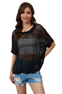 Black Fishnet Knit Ribbed Round Neck Short Sleeve Sweater Tee