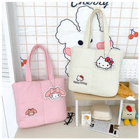 2024 New Sanrio Handbag Cartoon Cute Down Fabric Kuromi Tote Bag Shoulder Pacha Dog Cute Stationery Bag Large Capacity Handbag