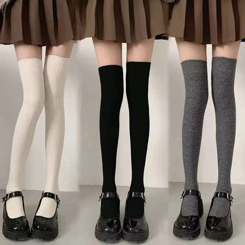 Wool Socks Woman Autumn/Winter Solid Color Thigh High Medias Lolita Thick Warm Stockings Black White Long Leg Socks for Female