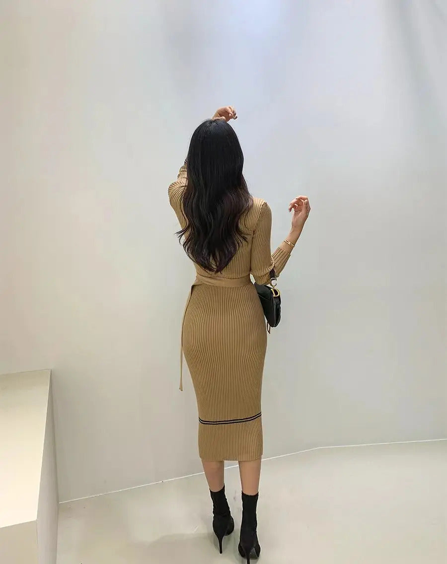 Autumn Winter Women Knitted Dress Brand Fashion O-neck Buttons Bodycon Sweater Dress with Belt Lady Office Dress