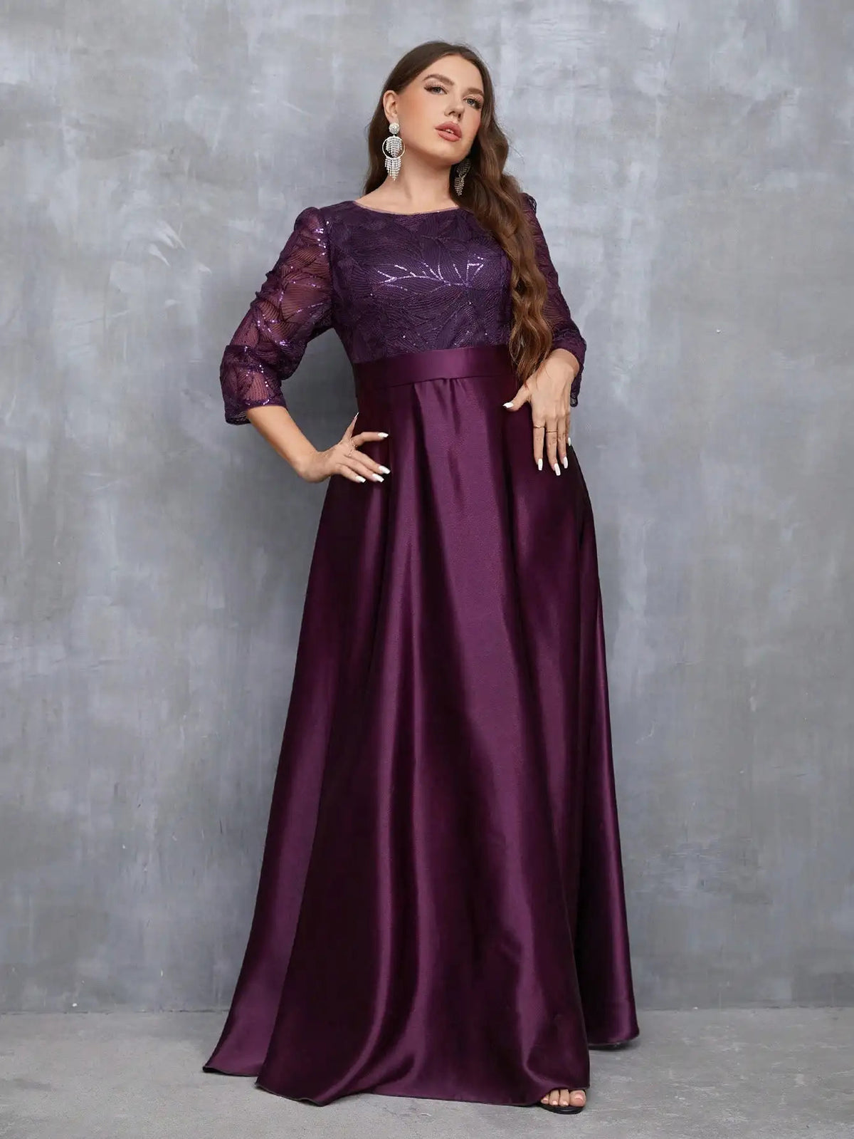 Mgiacy Crew neck long sleeve sequin patchwork satin long gown ball dress Party dress Bridesmaid dress