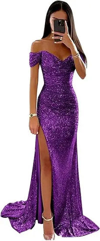 Women Mermaid Champagne Evening Maxi Dresses 2024 Elegant Off-Shoulder Sequin Split Prom Formal Gowns For Party Customized