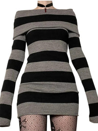 Women Autumn Dress Striped Boat-Neck Long Sleeve Bodycon Short Dress Y2K Gothic Wrapped Hip Party Dresses