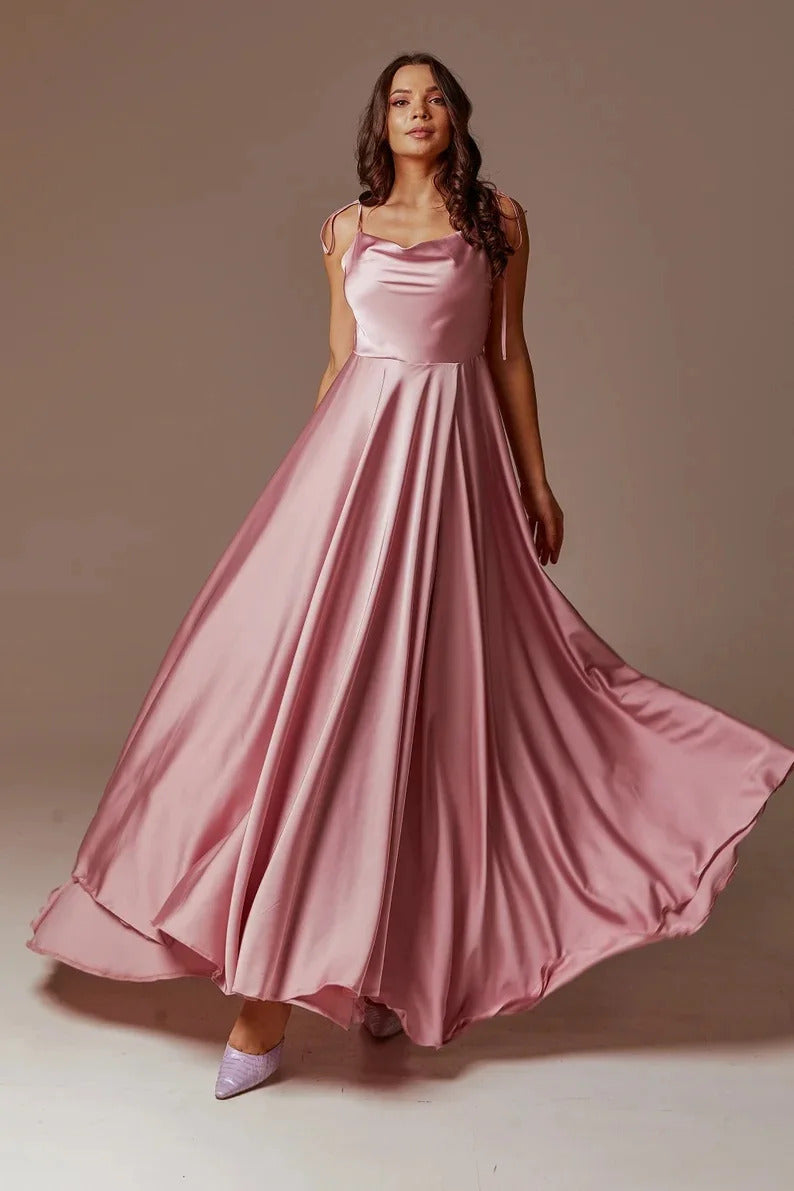 FATAPAESE Prom Dress Spandex satin Slit Side Dress A-LINE Scoop Stretch Slip Satin High Split Long Simple Evening Party