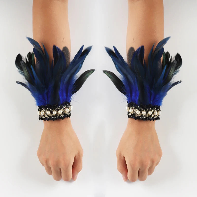 Gothic Rooster Feather Wrist Cuffs Natural Dyed Feather Arm Warmers Halloween Cosplay Party Rave Stage Performance Accessories