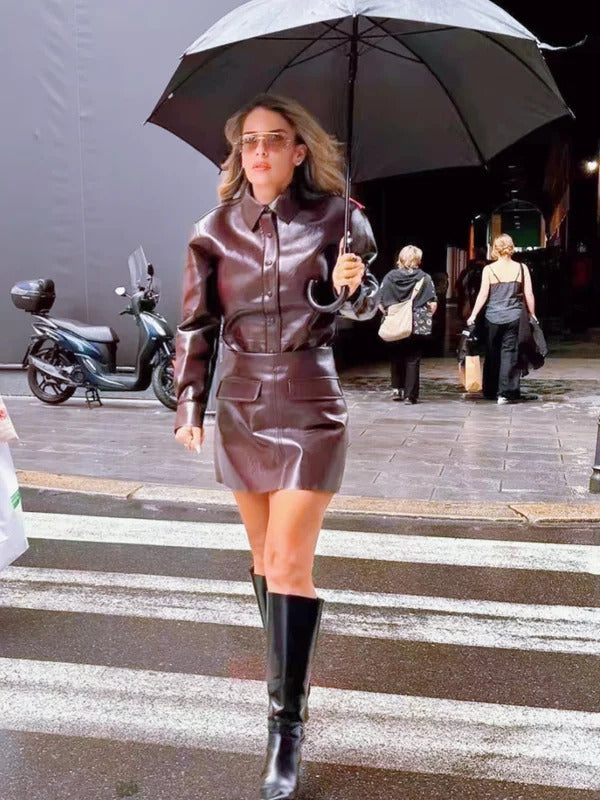 2024 Chic Burgundy Pu Leather Women's Mini Skirt Set Retro Slim Fit Lapel Single-breasted Jacket Suit Female High Street Outfits