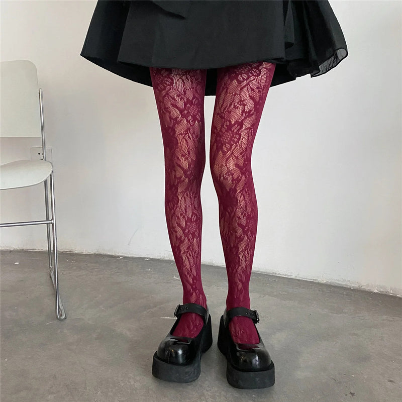 Lolita Sweet Girls Punk Style Floral Tights Colorful Thigh High Stockings Lingerie Women Sexy Hollow Out Mesh Fishnet Pantyhose