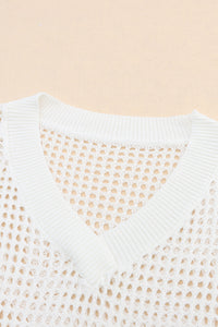 White Hollow Out Knitted Loose Fit V Neck Sweater