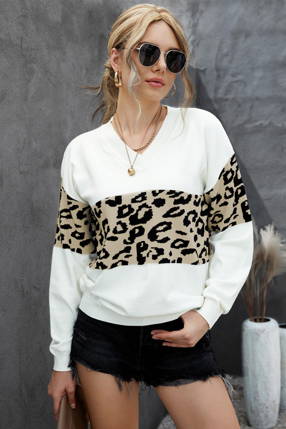 Black Leopard Colorblock V Neck Knit Sweater