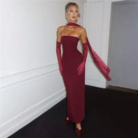 Mozision Strapless Backless Sexy Maxi Dress For Women Burgundy Mesh Sleeve Off-shoulder Bodycon Club Party Evening Long Dress