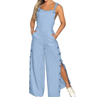 Summer Fashion Womens Sleeveless Jumpsuit Rompers Ladies Solid Wide Leg Button Openings Long Trousers Suspenders Overalls Pocket