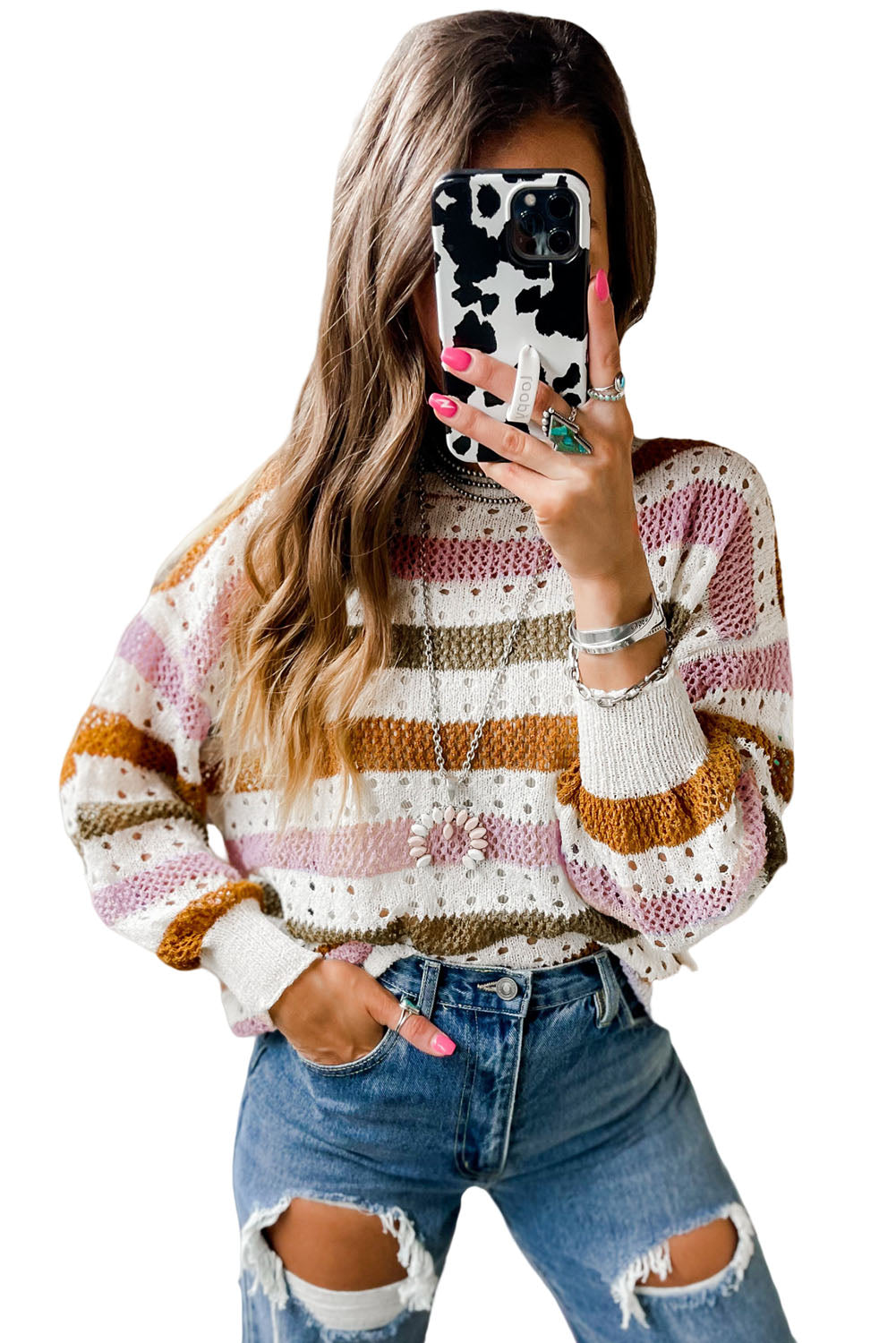 Tan Striped Hollowed Knitted Loose Sweater