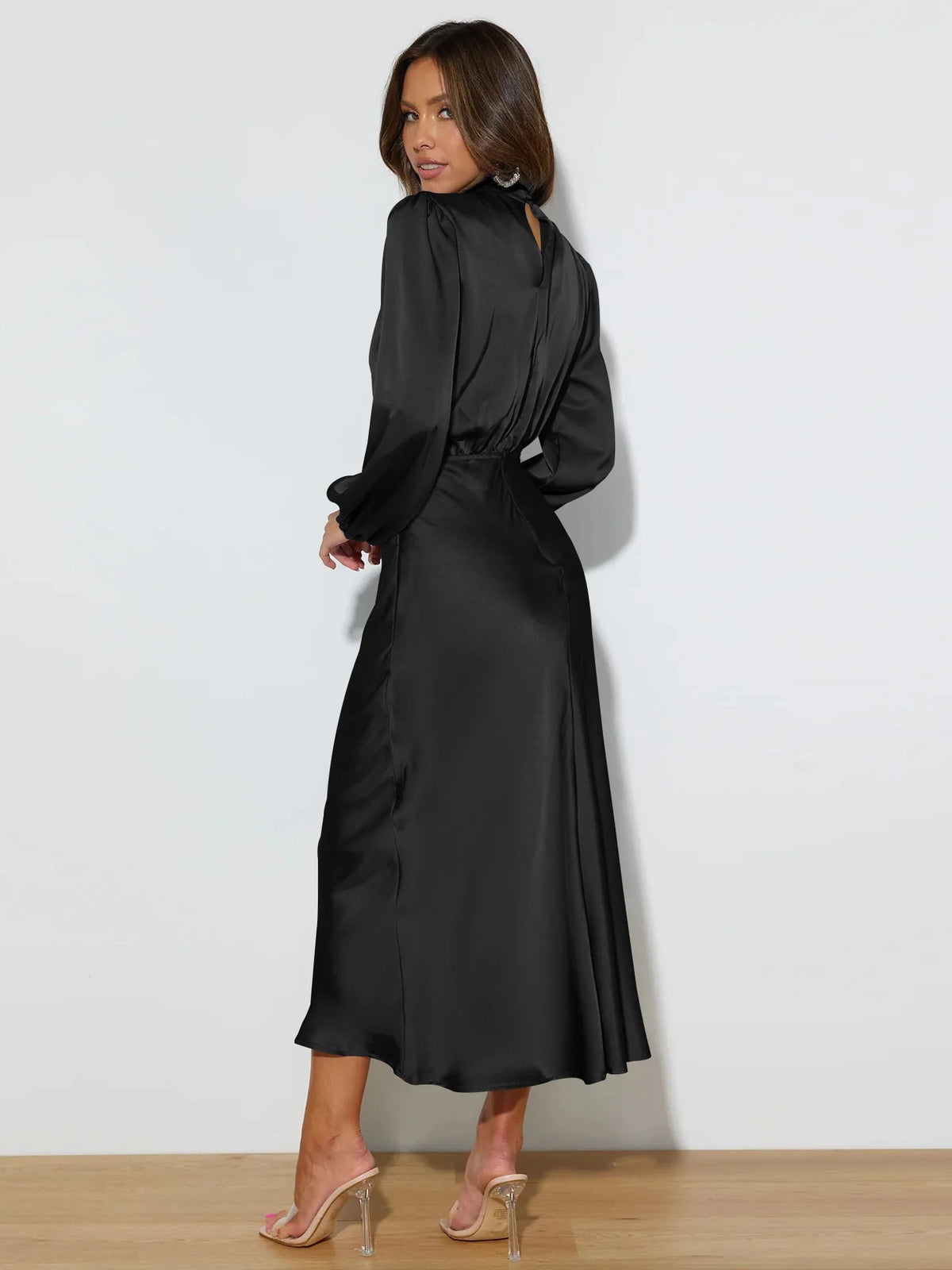 2024 Autumn Evening Women Satin Dress Black Long Lantern Sleeve Sexy Elegant Dresses Female Fashion Casual Party Vestidos Clothe