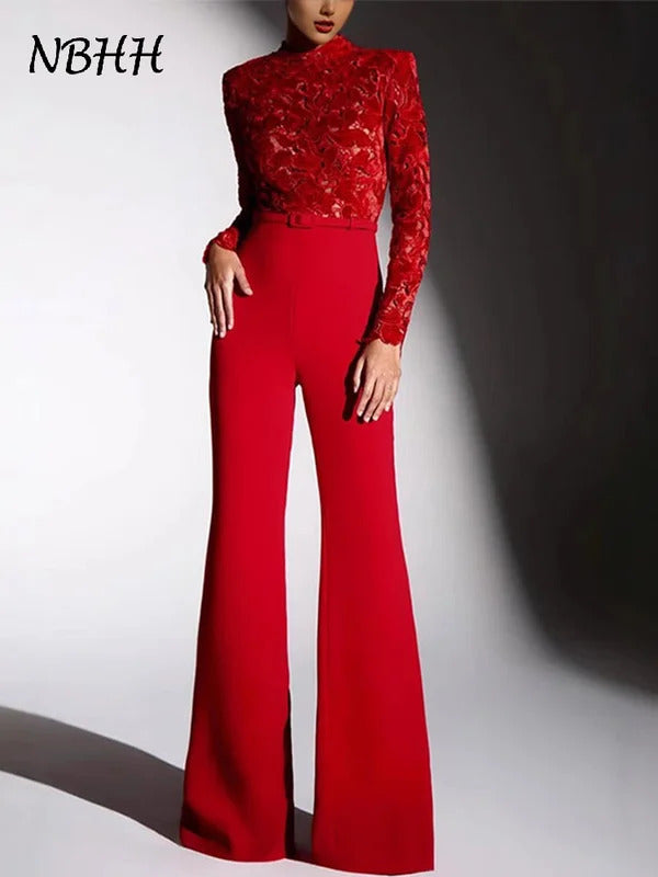 Embroidery Lace Red Jumpsuits Women Sexy Slim Long-sleeved Belt High Waist Jumpsuit Female 2024 INS Casual Lady Party Rompers