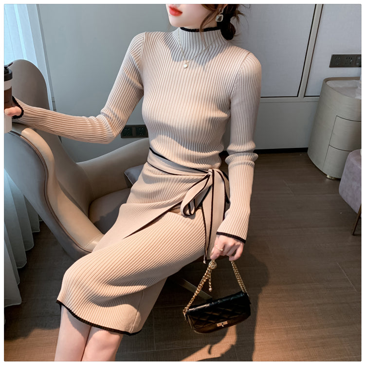 Women Knitted Dress New Autumn Winter Slim Lace-Up Long Sleeve Bottoming Sweater Skirt Elegant Fashion Office Female Vestidos